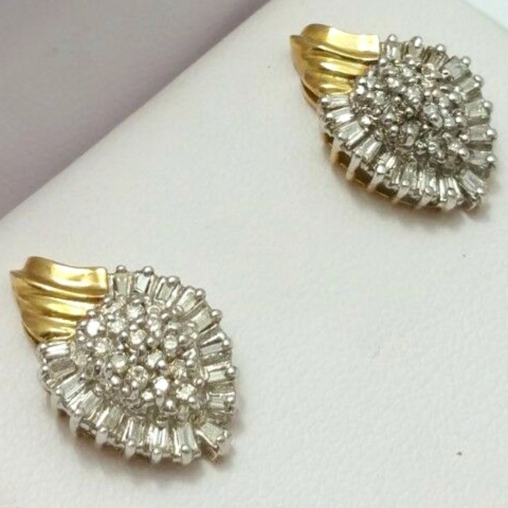 Beautiful 10K Karat Two Tone Gold Ladies Earrings with Cluster of Diamonds